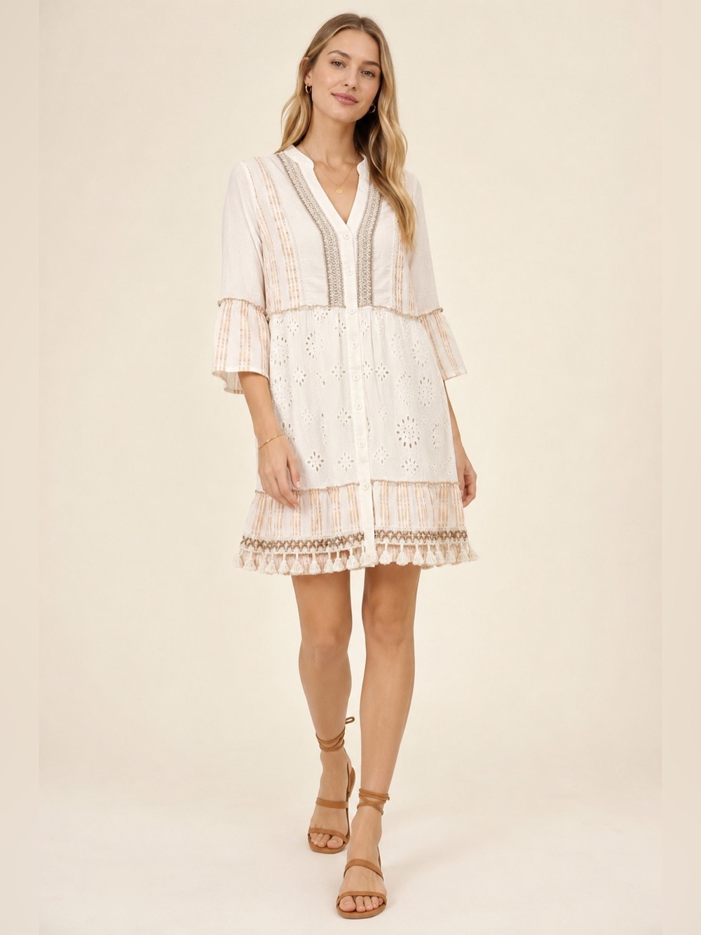 Me2Magic Anthropologie Ivory Boho Eyelet Crochet Tunic Dress M Unlined Festival